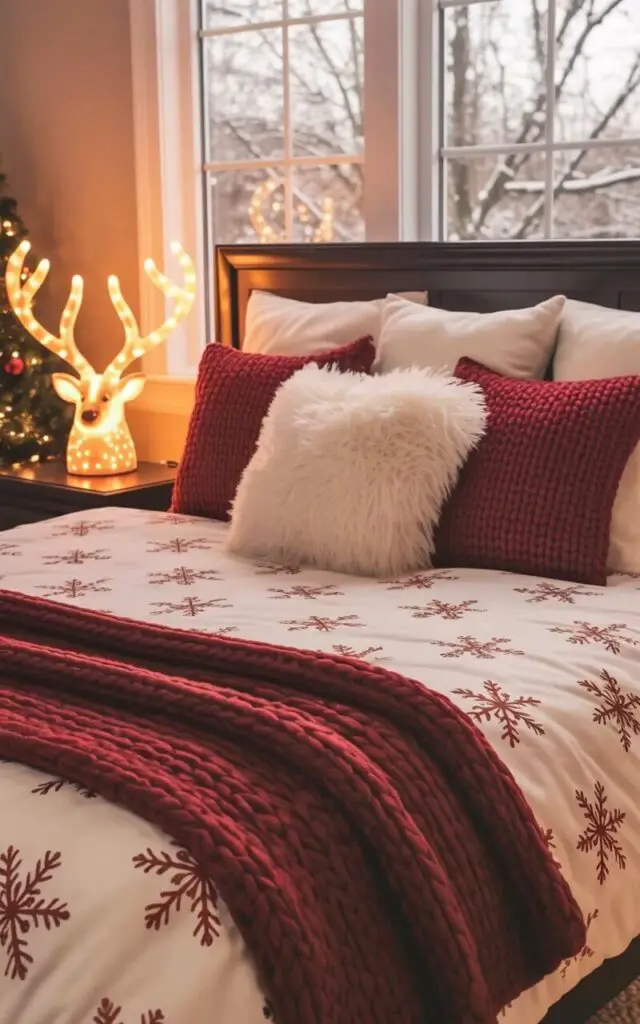 A king-sized bed with a dark wood frame is centered in a softly lit bedroom, flanked by two matching nightstands. Each nightstand holds a reindeer-shaped lamp made of ceramic with antlers outlined in warm amber-colored lights, casting a glow on the surrounding surfaces. The bed is covered with a white comforter patterned with delicate snowflake designs, layered with a thick red knitted throw and several plush white pillows. A small, decorated Christmas tree stands in the corner near a large window overlooking a snow-covered landscape with bare trees.