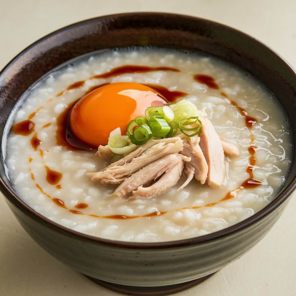 A photo of a bowl of congee, a savory rice porridge. The porridge has a silky, soupy texture and is served in a deep bowl. The congee is garnished with shredded chicken, sliced scallions, and a splash of soy sauce. A soft-boiled egg is placed on top of the porridge, adding richness to the simple, creamy dish. The background is clean and minimalistic.