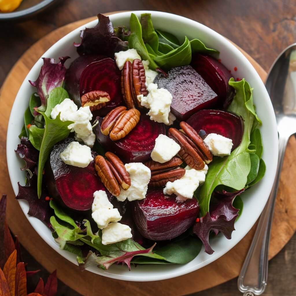 A Thanksgiving salad bowl with roasted red beets on mixed greens. Creamy goat cheese crumbles are scattered throughout, with candied pecans adding crunch. The deep red tones of the beets contrast beautifully with the greens and the white goat cheese, creating a bold, vibrant dish. The bowl is placed on a wooden board. There's a spoon next to the bowl. The background is rustic and has a few ingredients.