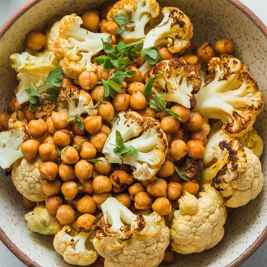 A photo of a ceramic bowl filled with golden brown roasted cauliflower florets and crispy chickpeas, creating a textured and hearty Thanksgiving salad. The cauliflower and chickpeas are lightly coated with a cumin-spiced dressing, giving the salad a warm, golden tone. Fresh herbs add a touch of green for visual contrast.