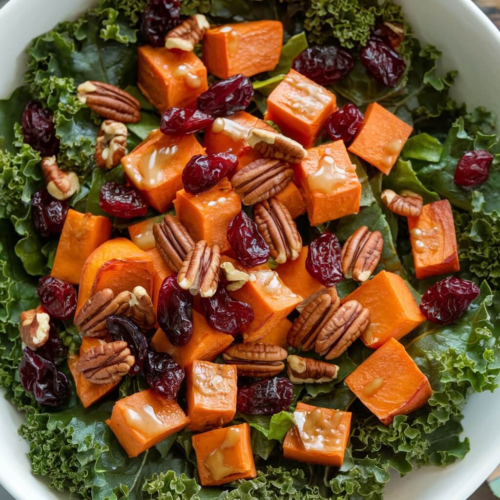 A photo of a vibrant salad bowl with roasted sweet potato cubes on a bed of deep green kale. The salad is topped with dried cranberries, scattered pecans, and drizzled with vinaigrette. The sweet potatoes' golden-orange hue contrasts beautifully with the dark, leafy greens, creating a warm, inviting Thanksgiving salad.