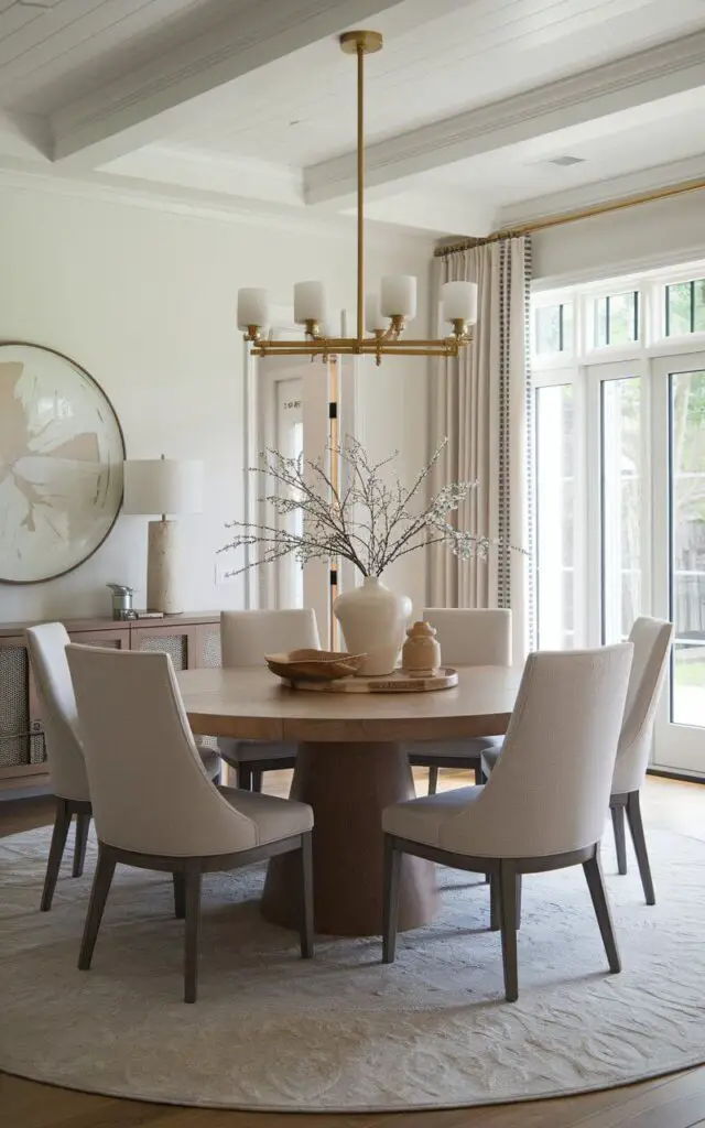 A transitional dining room with a round wooden dining table surrounded by upholstered chairs. The table’s circular shape creates an intimate, welcoming atmosphere, softening the room’s otherwise clean and modern lines.