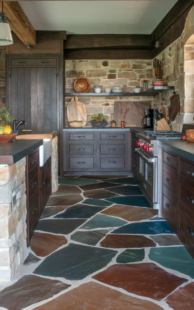 A photo of a rustic kitchen with a multicolored slate floor in shades of deep red, blue, and green. The natural stone texture adds an earthy warmth to the space. The unique colors complement the dark wood cabinetry and stone countertop. The kitchen blends modern comfort with natural beauty.