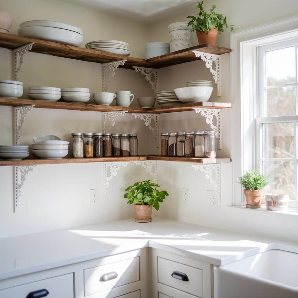 A photo of a bright small cottage kitchen with rustic wooden open shelves lining the walls. The shelves are filled with neatly arranged ceramic dishes, mason jars filled with spices, and small potted herbs. Below, white countertops create a clean, minimal look. Light streams in through a window, casting a warm, inviting glow.