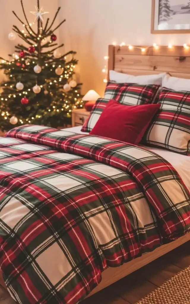 A double bed with a traditional red, green, and cream plaid bedding set dominates the room, showcasing a thick comforter and several plush pillows. A small, fully decorated pine tree stands in the corner, adorned with small white LED lights and glass ornaments of varying sizes, with a star topper. The wooden bed frame and surrounding walls display a natural, matte finish, while a woven rug lies on the hardwood floor near the bed. A single framed print depicting a winter landscape hangs on the wall above a small wooden nightstand with a ceramic lamp.
