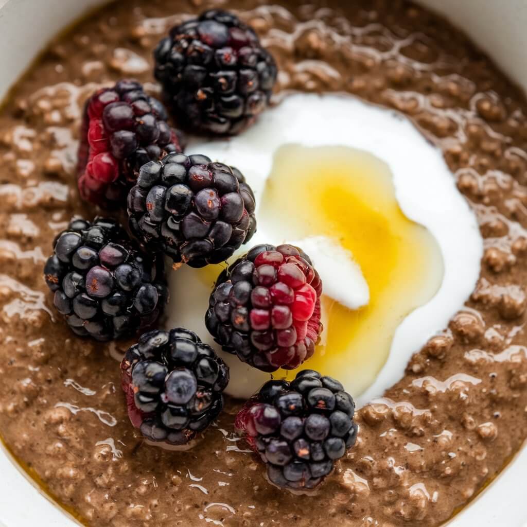 A photo of a hearty rye porridge with a rich, dark color and dense texture. The porridge is topped with fresh blackberries, a dollop of yogurt, and a drizzle of honey. The deep, earthy tones of the rye are complemented by the vibrant berries and the creamy white yogurt, creating a balanced, nutritious dish.