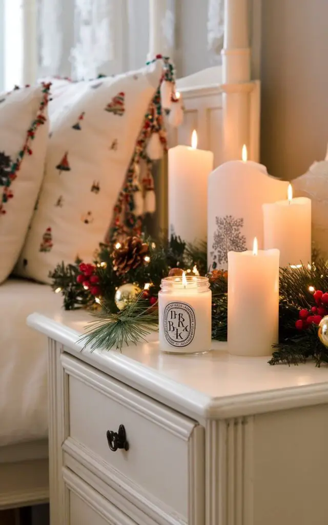 A photo of a peaceful Christmas bedroom with holiday-scented candles placed on the nightstand and dresser. The candles fill the room with the warm scents of cinnamon and pine, while their soft glow illuminates festive décor such as garlands and seasonal pillows.