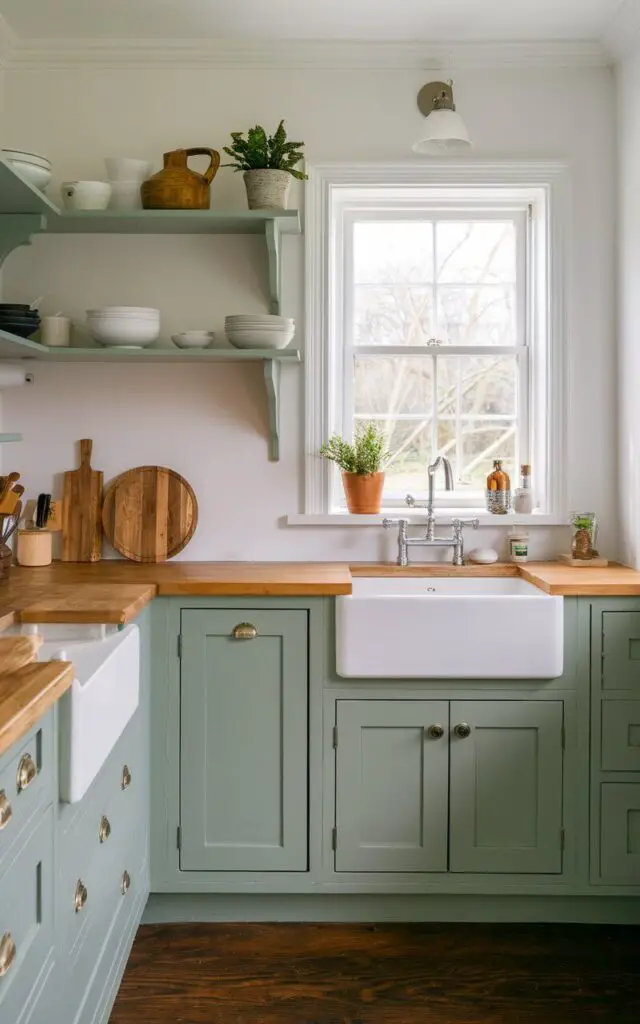 A photo of a small cottage kitchen with classic Shaker-style cabinets painted in sage green. The simple, clean lines of the cabinetry contrast with the natural wood countertops and farmhouse sink, creating a timeless, elegant look in the small space.