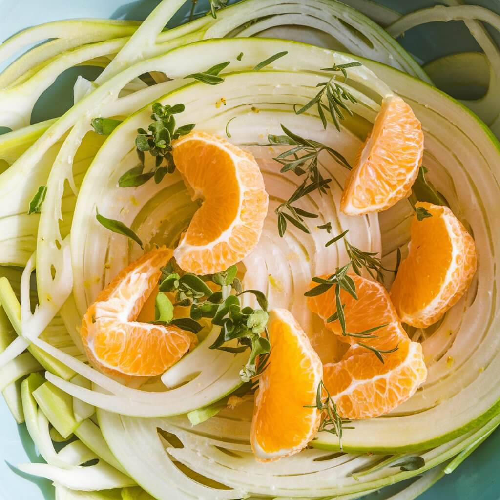 A photo of a vibrant salad bowl with thinly shaved fennel and small slices of citrus fruits, such as orange. The fennel's light green contrasts with the bold, orange of the citrus. The salad is lightly dressed with olive oil and sprinkled with fresh herbs. The natural light makes the bowl colorful and enriching.