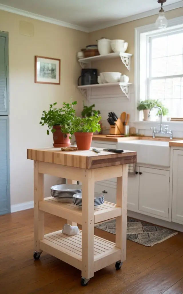 A photo of a small cottage kitchen with a narrow butcher block cart in the center. The cart offers extra prep space and has shelves underneath for additional storage. Pots of fresh herbs sit on the countertop, adding a touch of greenery to the room. There is a wooden spoon and a knife next to the pots. The walls are painted beige, and there are white cabinets and a window above the sink. The floor is made of wood.