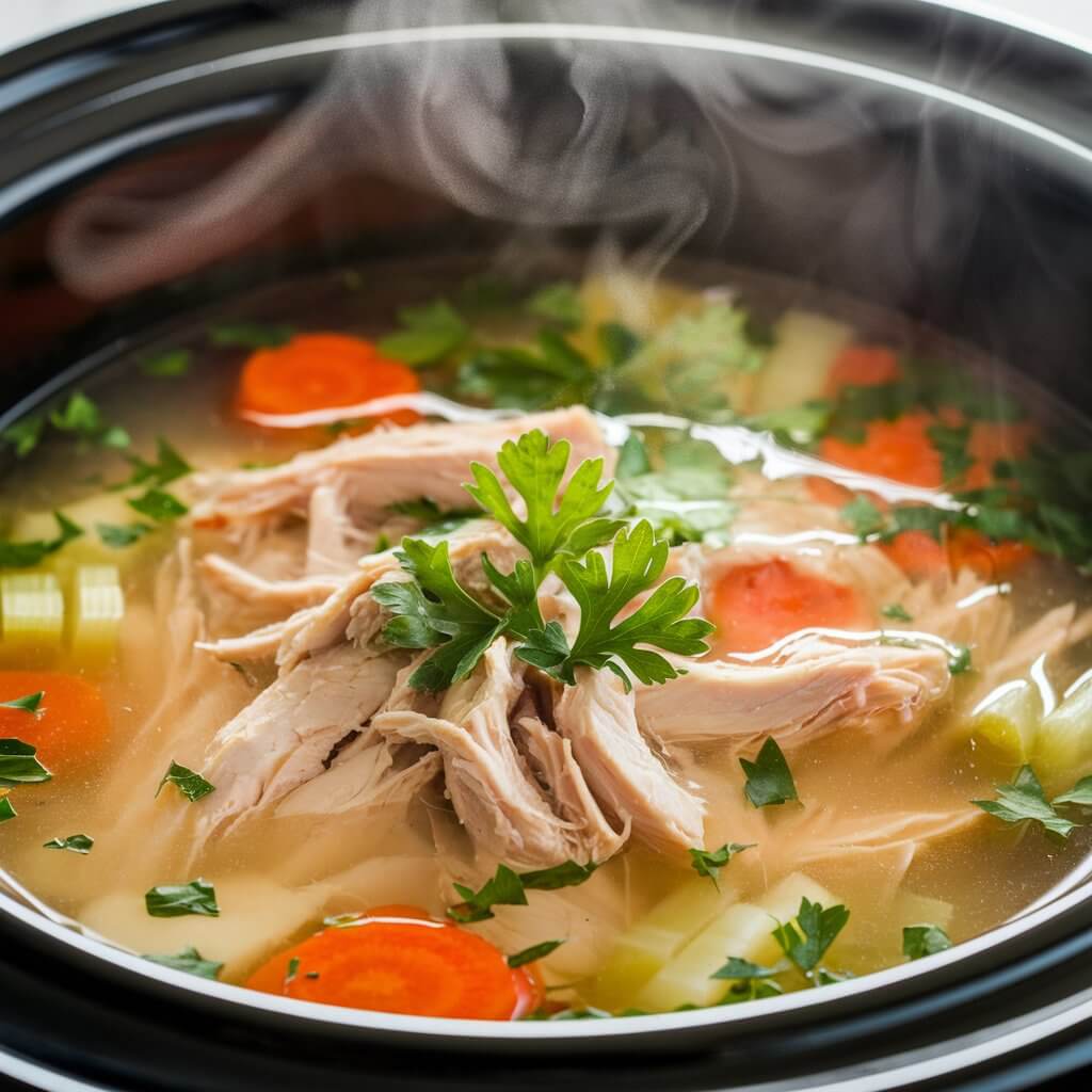 A comforting bowl of slow cooker chicken soup with clear broth, shredded chicken, and soft vegetables like carrots, celery, and onions. The slow cooking process has infused the soup with rich flavors, and a scattering of parsley on top adds a fresh, vibrant touch. Steam rises from the bowl, emphasizing its slow-simmered warmth.