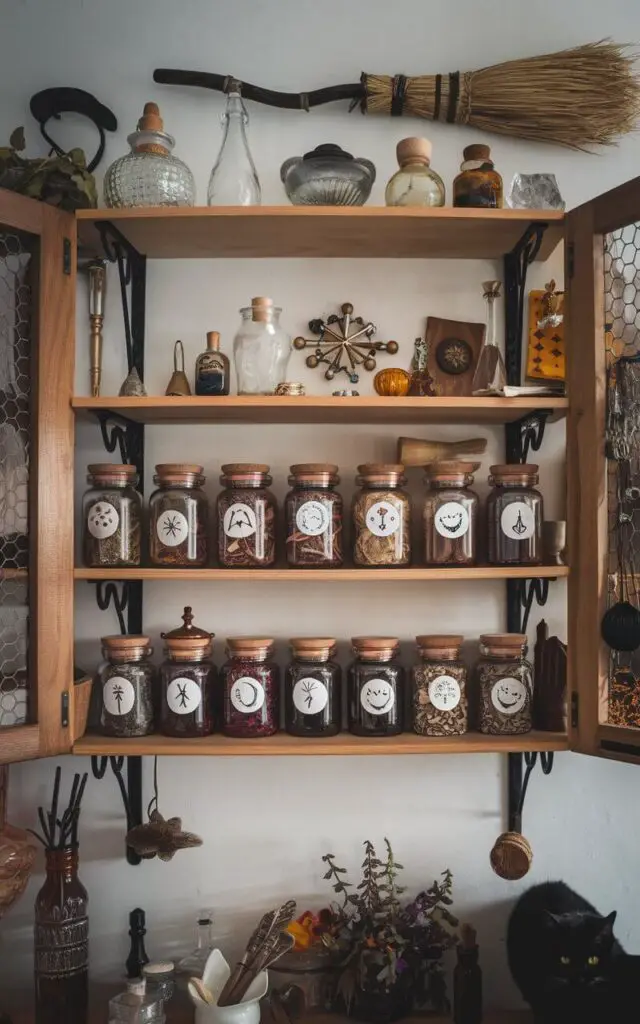 A photo of a witchy kitchen with open wooden shelves. The shelves are filled with glass jars containing dried herbs and colorful potions. The jars have labels with mystical symbols. Above the shelves, there are vintage glass bottles, apothecary tools, and small crystal decor items. The background contains a broomstick and a black cat. The overall atmosphere is magical and mystical.