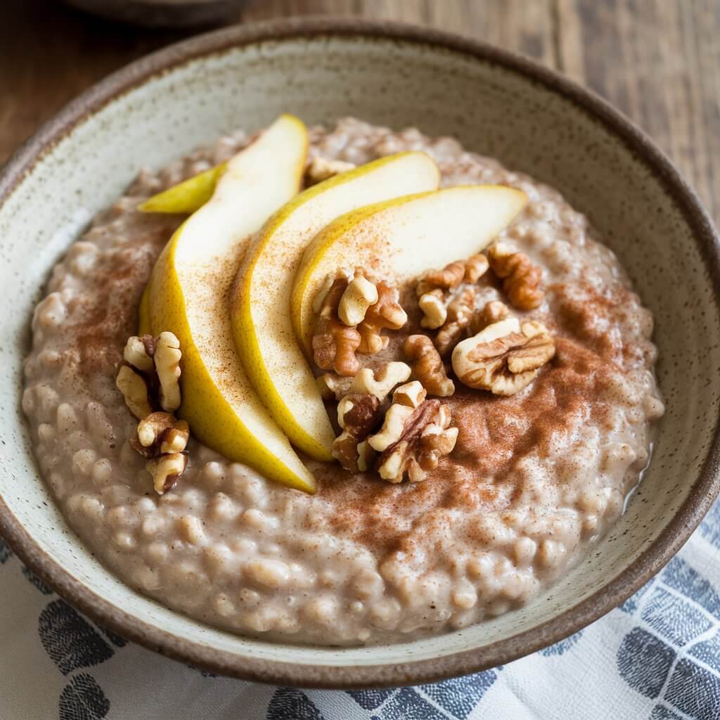 A photo of a thick spelt porridge with a chewy, grainy texture, served in a rustic bowl. The porridge is topped with chopped pears, walnuts, and a sprinkle of cinnamon. The muted brown of the spelt grains is brought to life by the fresh, juicy pear slices and crunchy nuts. The background is a wooden table with a patterned tablecloth.