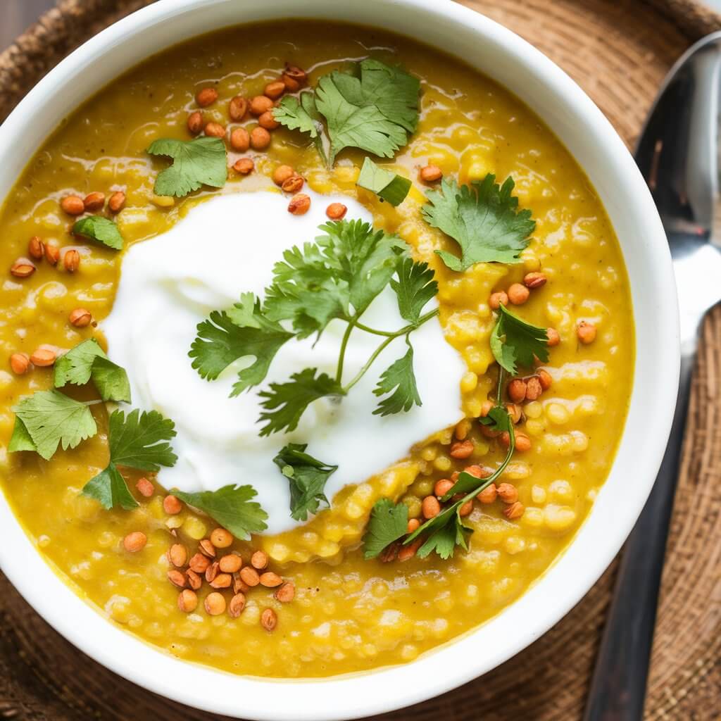 A photo of a steaming bowl of spiced red lentil porridge, golden and fragrant with turmeric, cumin, and coriander. The porridge is thick and creamy, topped with a generous dollop of yogurt, and garnished with fresh herbs like cilantro or parsley. The warm, earthy colors of the dish are contrasted by the cool, white yogurt and vibrant green herbs, making for a visually appetizing and hearty meal. A spoon rests beside the bowl, ready for a satisfying bite.