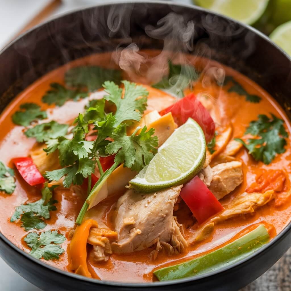 A photo of a bold and exotic spicy Thai chicken soup with a rich coconut milk base and vibrant red curry broth. The soup is filled with chicken pieces, bell peppers, and a hint of lemongrass. Garnished with fresh cilantro and lime wedges, the steam carries the aroma of Thai spices, offering an enticing, colorful visual.