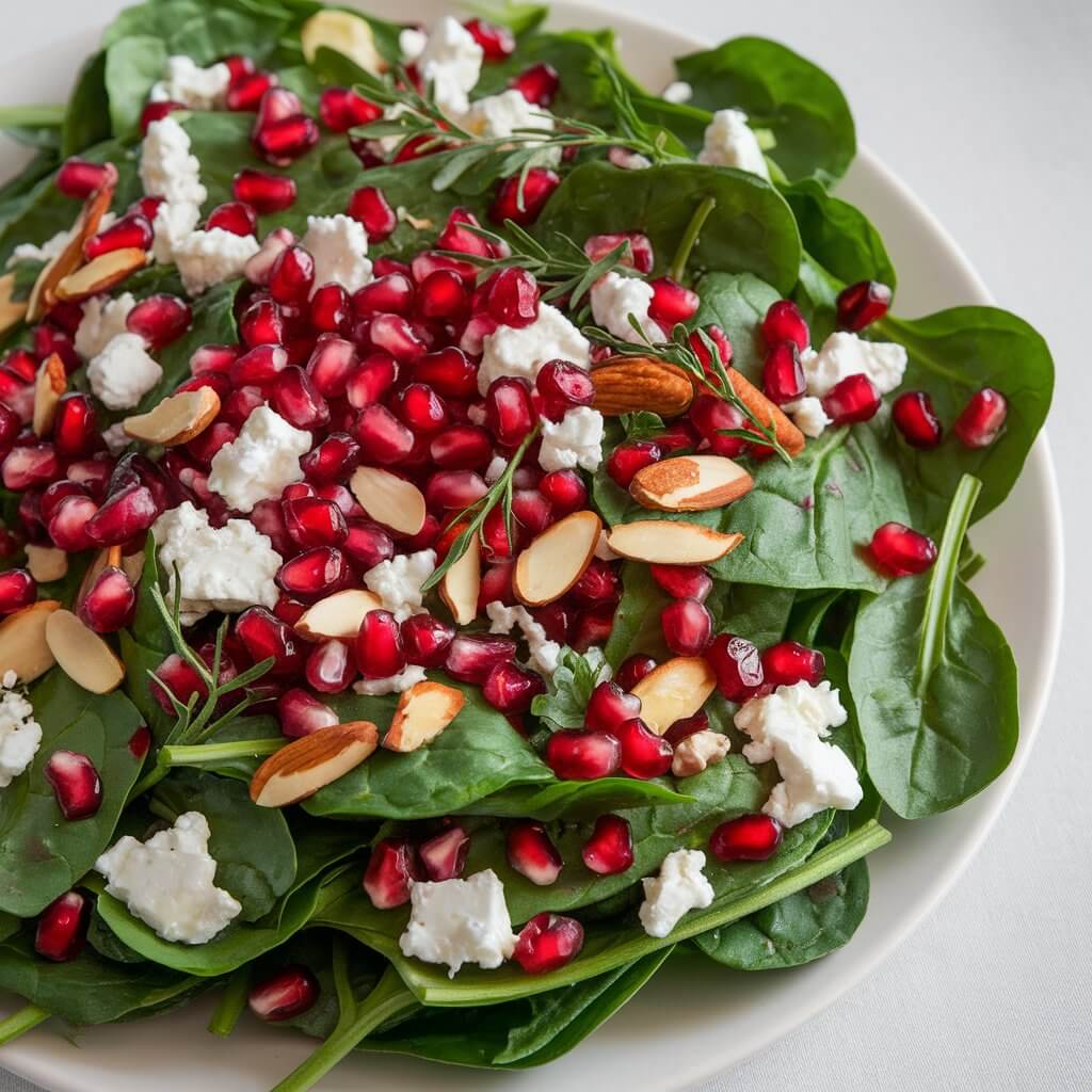 A photo of a fresh spinach salad with sparkling pomegranate seeds, slivers of toasted almonds, and creamy feta cheese crumbles. The deep green of the spinach contrasts with the vibrant red of the pomegranate, creating a festive Thanksgiving salad. The salad is served on a white plate and is garnished with fresh herbs. The background is simple and clean.