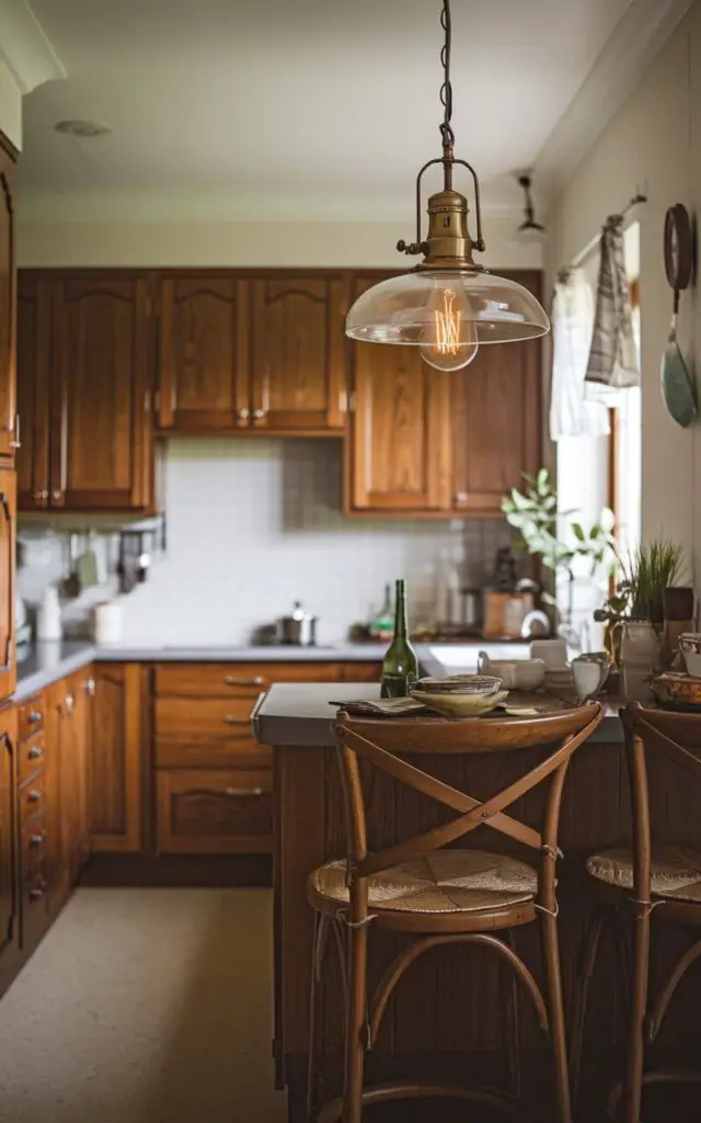 A photo of a small cottage kitchen with a vintage-style pendant light hanging above the island. The light fixture has a brass finish and a glass shade, casting a warm glow over the countertops. The kitchen has wooden cabinets, a white backsplash, and a beige floor. There are also a few kitchen utensils and a plant on the countertops. The background contains a window with a curtain.