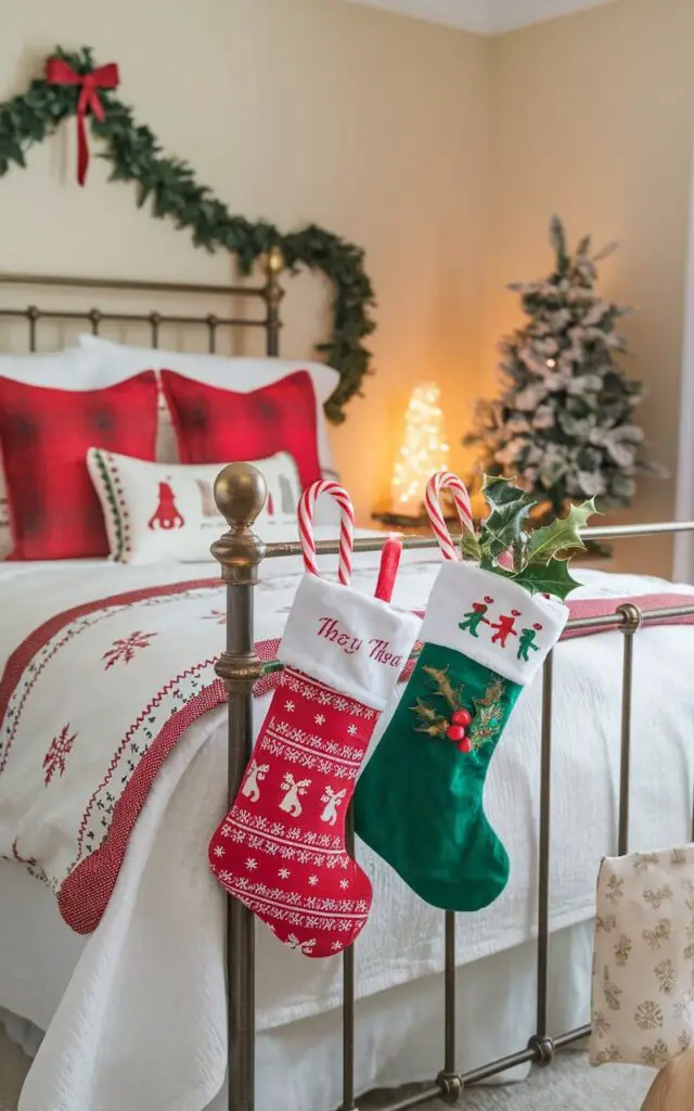 A photo of a Christmas-themed bedroom. A bed with a white duvet and red pillow covers is placed in the center of the room. Hanging from the bedpost are two miniature stockings, one red and white, and the other green and white. The red and white stocking contains candy canes, while the green and white stocking holds sprigs of holly. The room is adorned with Christmas bedding, a glowing candle, and a miniature tree in the corner. The walls are painted a soft beige.