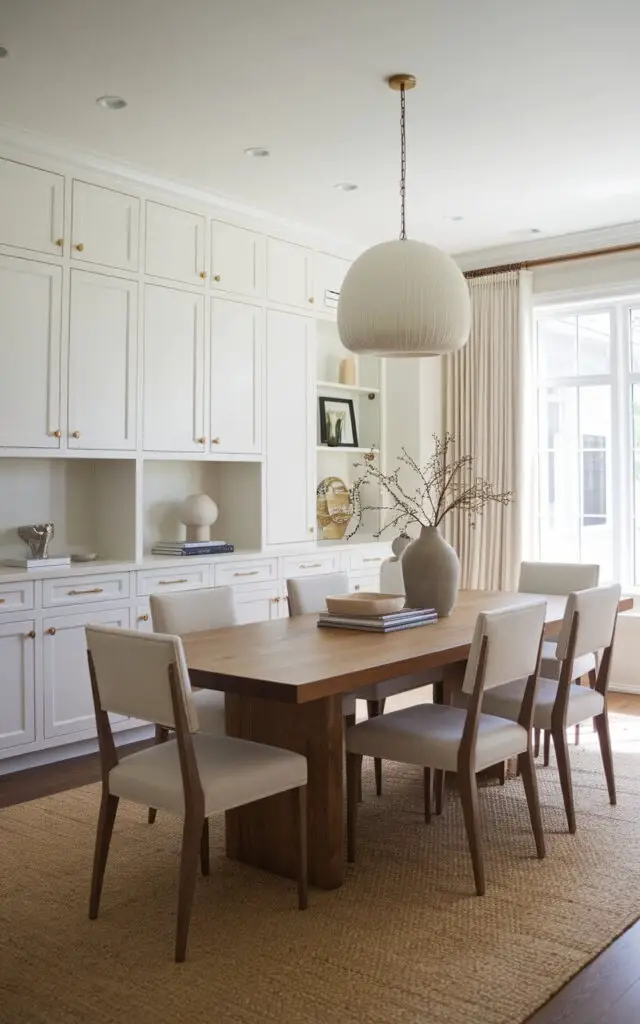 A transitional dining room with built-in cabinetry along one wall, featuring simple white doors and brass hardware. A wooden dining table sits in the center, with neutral chairs and minimalist decor to keep the room balanced and functional.