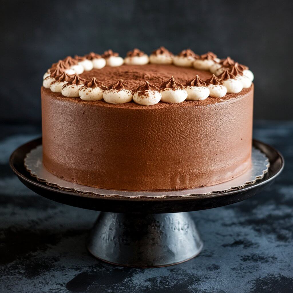 A birthday cake made to resemble a plain brown stout beer. The cake is topped with a frothy layer of whipped cream and dusted with cocoa powder, giving it a unique, masculine appearance. It's served on a dark, industrial-style cake stand.