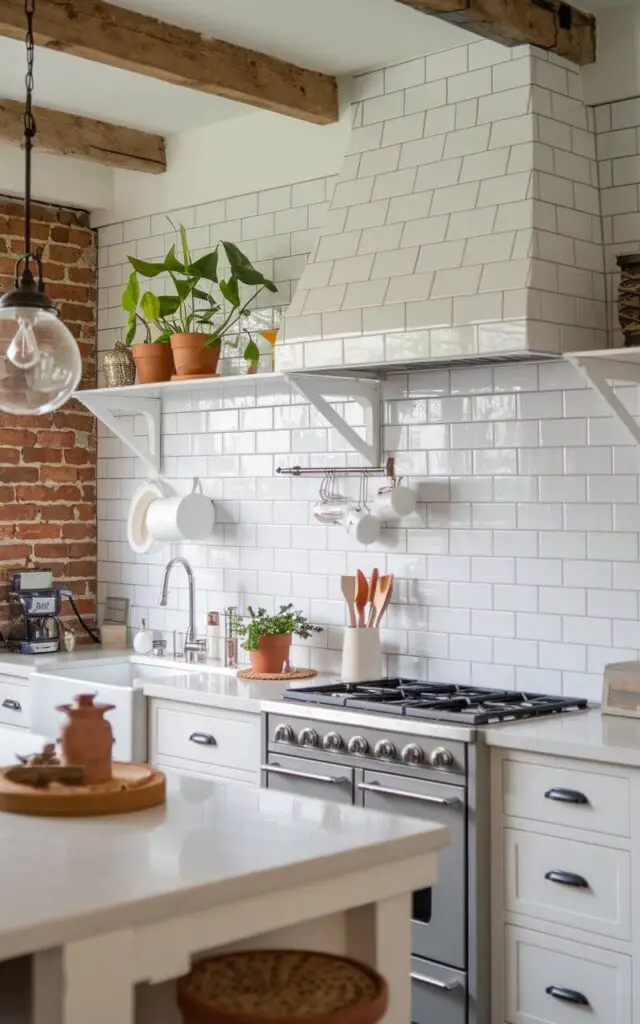 A photo of a small cottage kitchen with a gleaming white subway tile backsplash. The clean lines and classic design of the tiles create a fresh, timeless backdrop. The black grout adds a subtle contrast, enhancing the overall aesthetic of the cottage kitchen. There is a vintage light fixture hanging over the kitchen island. The kitchen has a rustic charm with its wooden beams and exposed brick wall. There are potted plants and a few decorative items on the countertop.