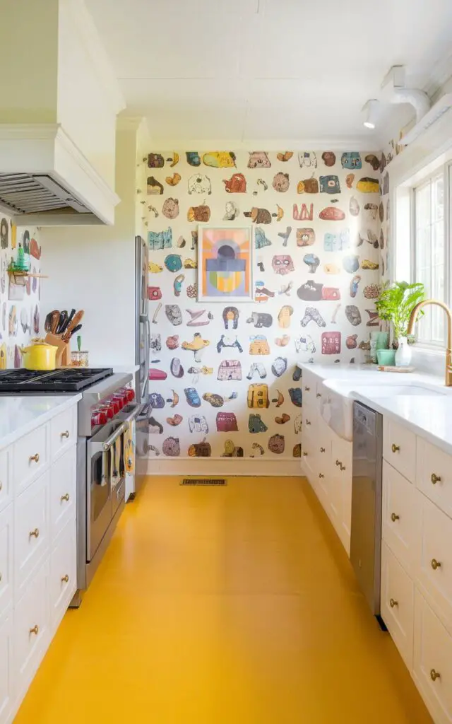 A photo of a cheerful kitchen floor covered in sunshine yellow vinyl. The smooth, bright surface adds a pop of color, while its easy-to-clean finish is perfect for a busy, modern kitchen. Paired with white cabinets and playful wall art, the yellow vinyl creates a fun and vibrant atmosphere.