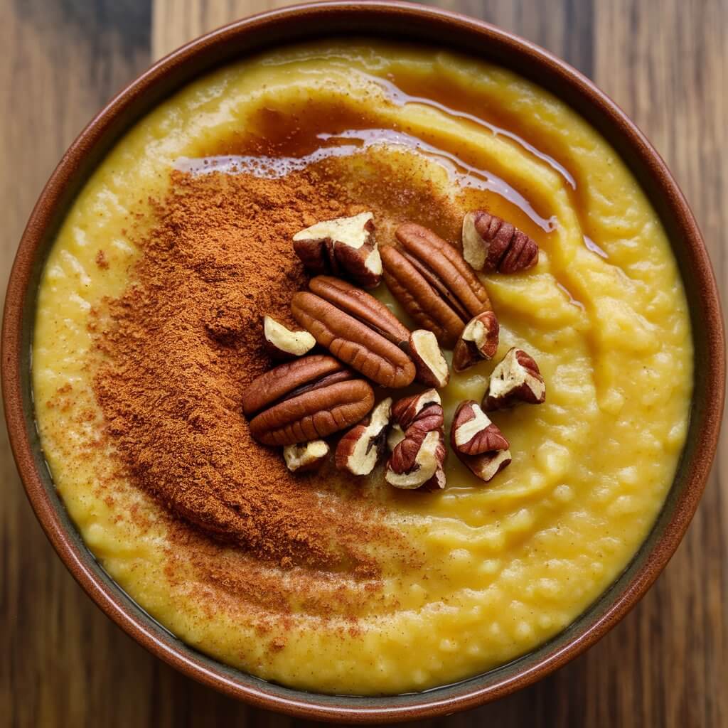 A photo of a bowl of rich, orange-hued sweet potato porridge with a velvety texture. The porridge is topped with a dusting of cinnamon, a drizzle of maple syrup, and a handful of chopped pecans. The bright orange color of the sweet potato is striking against the deep brown of the cinnamon and nuts. The bowl is placed on a wooden surface.