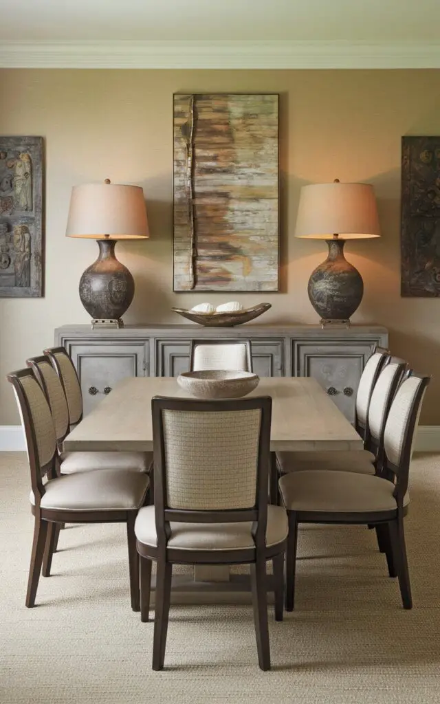 A photo of a transitional dining room with a rectangular table and matching dining chairs on each side. The chairs have a dark wood finish with beige upholstery. The table has a light wood finish and is placed in the center of the room. The walls have beige paint and a few pieces of artwork. There's a sideboard against the wall, with identical lamps flanking it. The lamps have a dark wooden base and beige shades. The floor has a beige carpet.