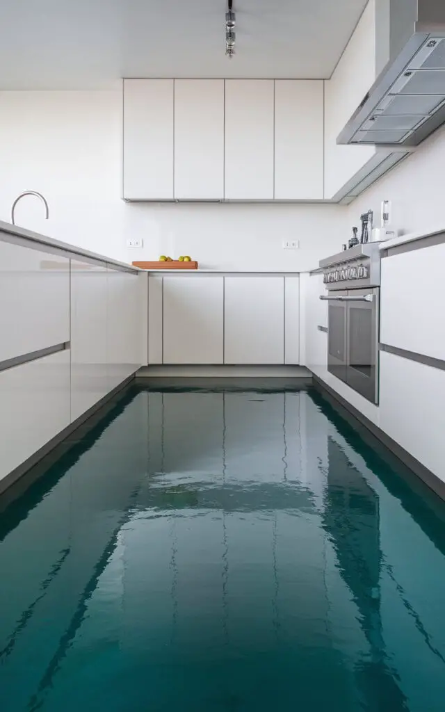 A sleek and modern kitchen floor made of teal-stained concrete. The rich, vibrant color adds a bold statement, while the smooth, polished surface reflects light, enhancing the room’s brightness. Minimalist white cabinets and stainless steel fixtures complete the contemporary look, with the floor as the standout feature.