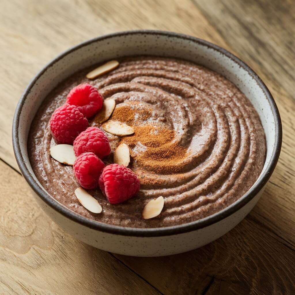 A photo of a bowl of thick, dark brown teff porridge looking like sand, served in a simple, rustic ceramic bowl. The porridge has a hearty, grainy texture with swirls visible on the surface, indicating its creamy yet dense consistency. The porridge is garnished with fresh raspberries, almond slices, and a sprinkle of cinnamon. The rich, brown hue of the teff contrasts with the vibrant red raspberries and the light, crunchy almonds, making for a visually dynamic dish. It is set on a wooden table, adding a natural and wholesome feel to the presentation.