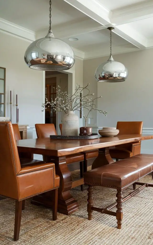 A photo of a transitional dining room with a polished wooden table. There are leather dining chairs and an upholstered bench at the table. A woven rug is placed on the floor. Metallic light fixtures hang from the ceiling. The walls are painted a light gray color.