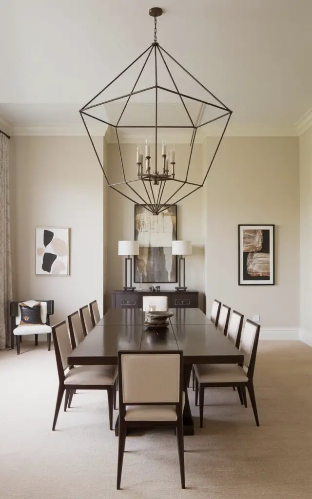 A photo of a transitional dining room with a large, modern geometric chandelier hanging above a sleek, traditional dining table. The room features minimalist décor, allowing the bold lighting fixture to become the focal point of the space. The walls are painted in a soft beige colour, and there are a few pieces of art on the wall. The floor is covered with a beige carpet.