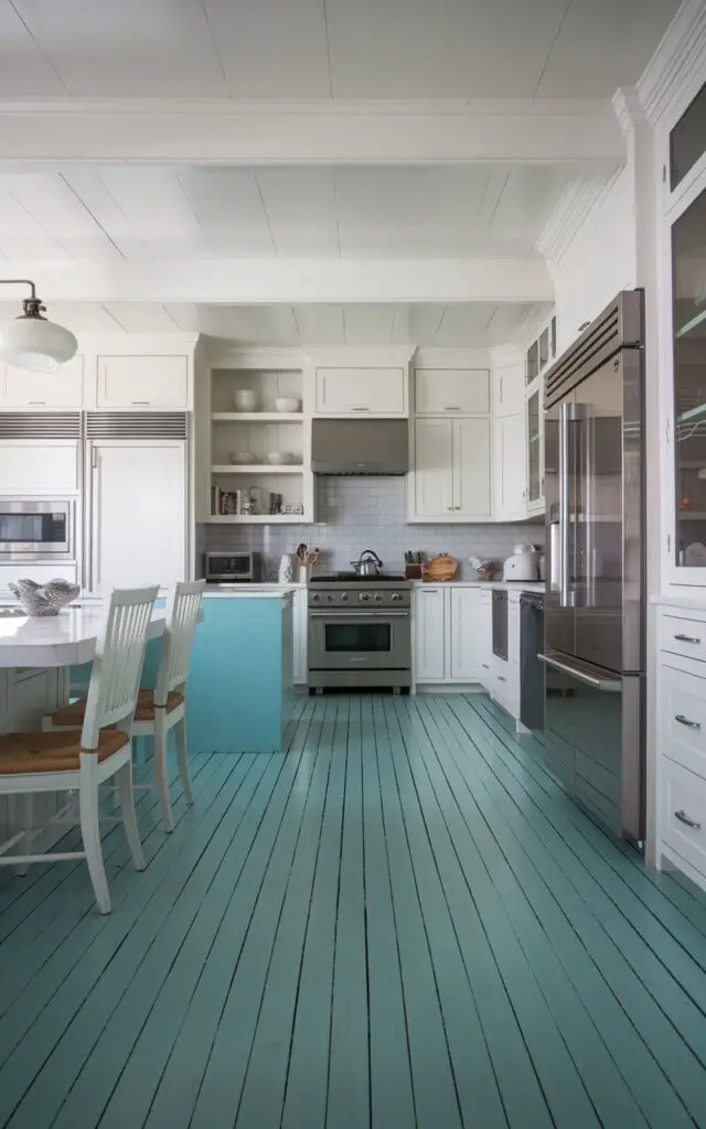 A photo of a kitchen with a turquoise-painted hardwood floor. The floor contrasts with the white cabinets and stainless steel appliances. There are white chairs near the island. The walls and ceiling are white. There is a light fixture above the island. The room has a modern style.