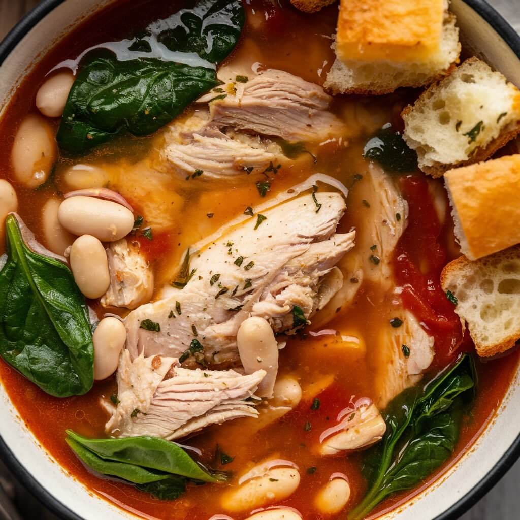 A rustic Tuscan chicken soup brimming with chicken, white beans, and spinach in a rich tomato-based broth. The bowl is drizzled with olive oil, and garlic croutons sit on the edge, ready to soak up the flavorful soup. The spinach leaves and beans add texture and color, making the dish visually hearty and inviting.