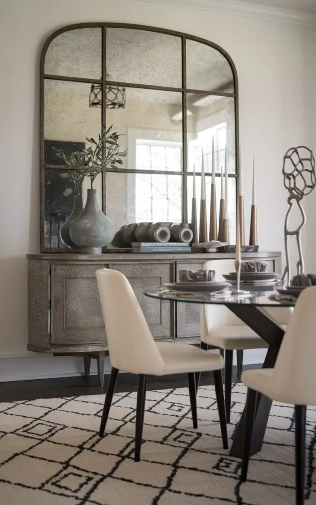 A photo of a transitional dining room with a vintage mirror above a sideboard. The sideboard has a few decorative items. On the floor, there is a rug with a geometric pattern. The room also has sleek, contemporary candlesticks and modern dinnerware. The mix of old and new creates a balanced and eclectic look that fits the transitional style.