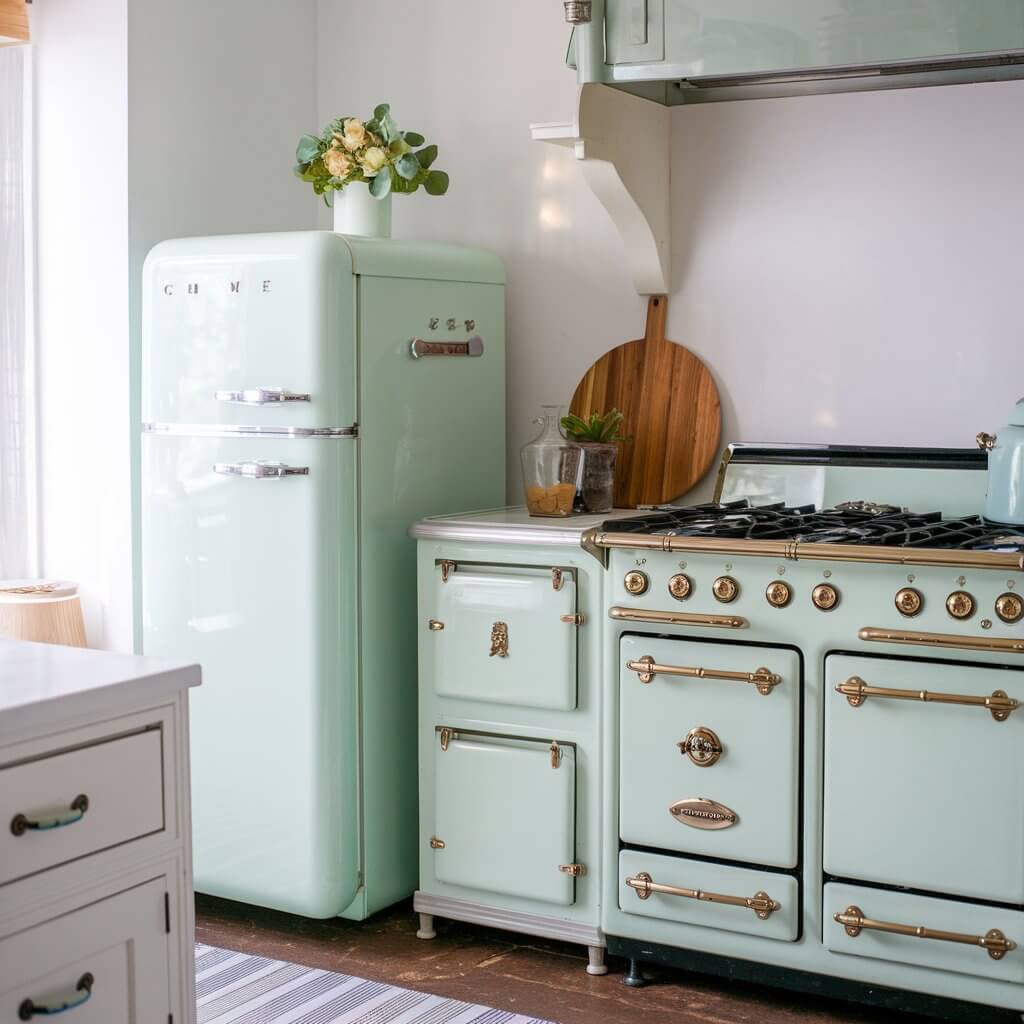 A retro-style refrigerator in pastel mint green takes center stage in a small cottage kitchen. An antique-inspired oven and stove sit nearby, their vintage brass knobs glinting in the soft light. The appliances add a nostalgic touch to the bright and airy space.