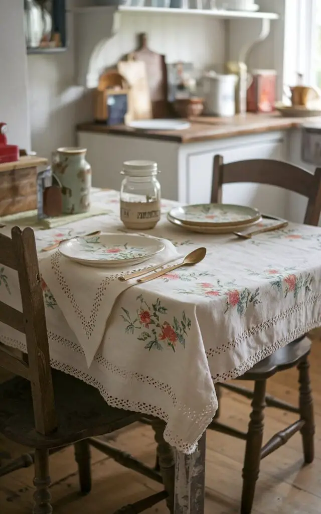 A photo of a small cottage kitchen table adorned with vintage linens. The table is covered with a floral tablecloth and embroidered napkins. There are a few items on the table, including a jar, a plate, and a spoon. The table and chairs are made of rustic wood. The background reveals a cozy cottage kitchen with a few more items.