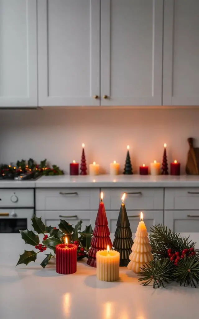 A photograph of a minimalist Christmas kitchen with clean white cabinetry and sleek countertops, bathed in the warm glow of carefully arranged candles. The candles in rich red, forest green, and creamy ivory tones sit in elegant holders shaped like delicate stars and miniature Christmas trees, casting dancing shadows across the polished surfaces. Fresh sprigs of holly with bright red berries and fragrant pine needles are artfully scattered around the candle arrangements, their natural textures contrasting beautifully with the modern kitchen's metallic fixtures. The soft, flickering candlelight creates a serene and inviting atmosphere, reflecting off the pristine surfaces and filling the space with a timeless Christmas warmth.