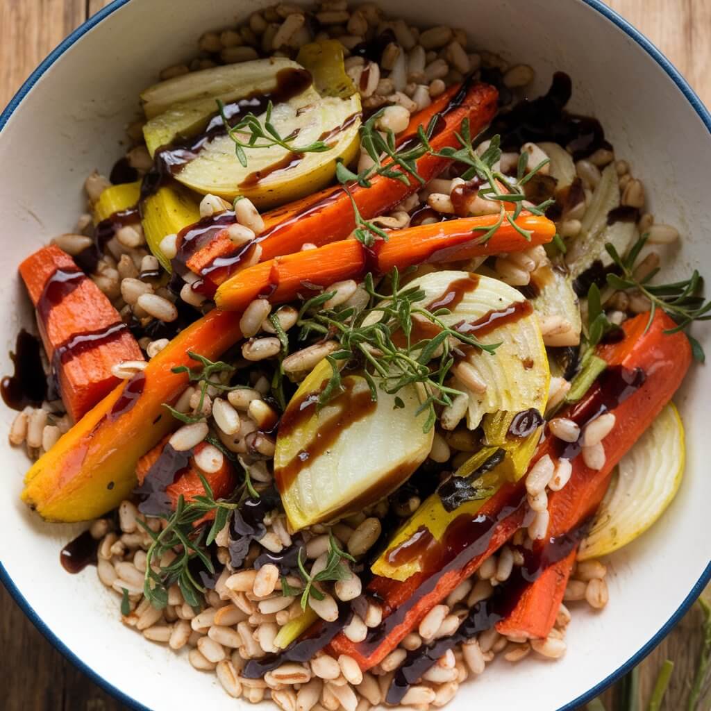 A warm, hearty salad featuring farro grains mixed with roasted vegetables like carrots, parsnips, and onions. The colorful roasted vegetables sit atop the nutty, chewy farro, all drizzled with a balsamic glaze. Fresh herbs are sprinkled on top, adding a rustic, homemade feel to this Thanksgiving salad.