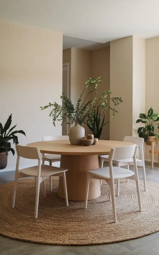 A transitional dining room with a large, neutral-toned rug under a round wooden dining table. The rug adds warmth and comfort to the space, contrasting with the clean lines of the table and chairs. The walls are painted in a soft beige hue, and the space features a few potted plants for added greenery.