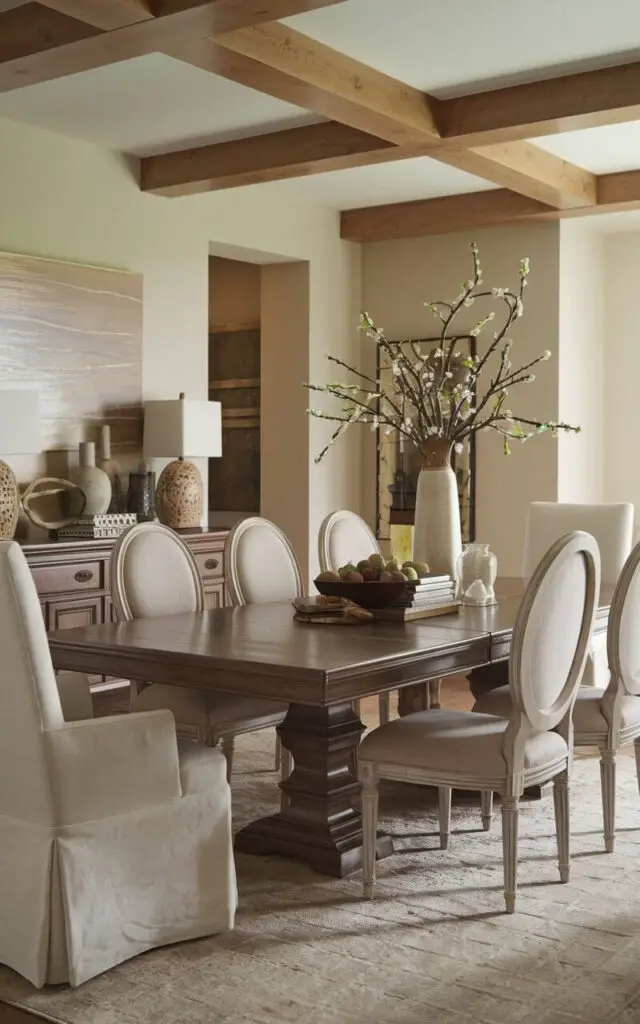 A transitional dining room with a dark walnut dining table and upholstered chairs. The dining table has a distressed finish and is placed on a beige area rug. The chairs have a beige fabric seat and are placed at the dining table. There is a wooden sideboard against the wall, filled with decorative items. The room has wooden beams on the ceiling and a neutral color palette on the walls.