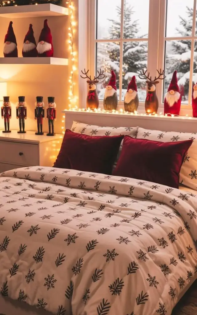 A queen-sized bed with a plush, white comforter and deep red accent pillows sits centered in the room. The bedding features a repeating pattern of small snowflakes and stylized pine branches. An assortment of holiday figurines including six wooden nutcrackers in varying poses, three reindeer figurines with red bows, and four ceramic Christmas gnomes with pointed hats are displayed on a white dresser and two floating shelves. A string of warm-toned fairy lights is draped along the headboard and window frame, illuminating a large window overlooking a snow-covered landscape with frosted pine trees.