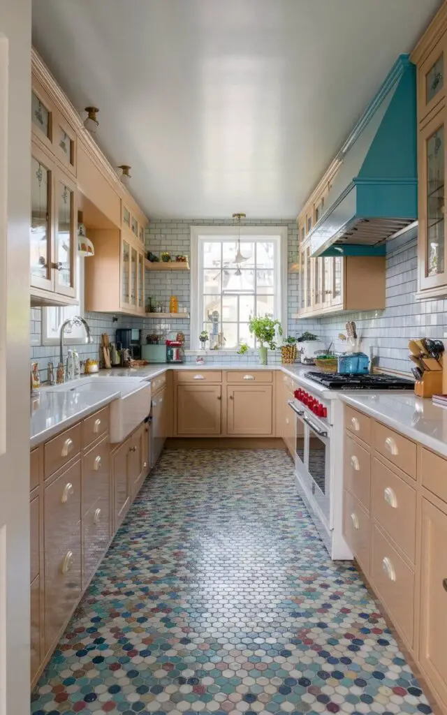 A whimsical kitchen floor covered in colorful penny tiles arranged in a playful mosaic of blues, greens, and pinks. The small, round tiles create a fun and retro vibe, while their glossy surface adds shine. Paired with light wood cabinets and vintage accents, the penny tile floor brings charm and personality to the space.