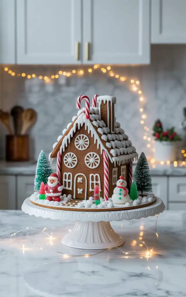 A photograph of a pristine minimalist kitchen with clean white surfaces showcasing an elaborate gingerbread house as its stunning centerpiece. The intricately detailed gingerbread house sits atop an elegant white porcelain cake stand, featuring perfectly piped royal icing details, candy cane pillars, and a snow-dusted roof made from powdered sugar. Tiny gumdrop trees in emerald green and ruby red circle the base, while miniature Christmas figurines—including a Santa, reindeer, and snowman—are thoughtfully positioned around the display. Delicate warm fairy lights create a soft golden halo behind the scene, casting gentle shadows across the otherwise spotless marble countertop and emphasizing the magical craftsmanship of this edible winter wonderland.