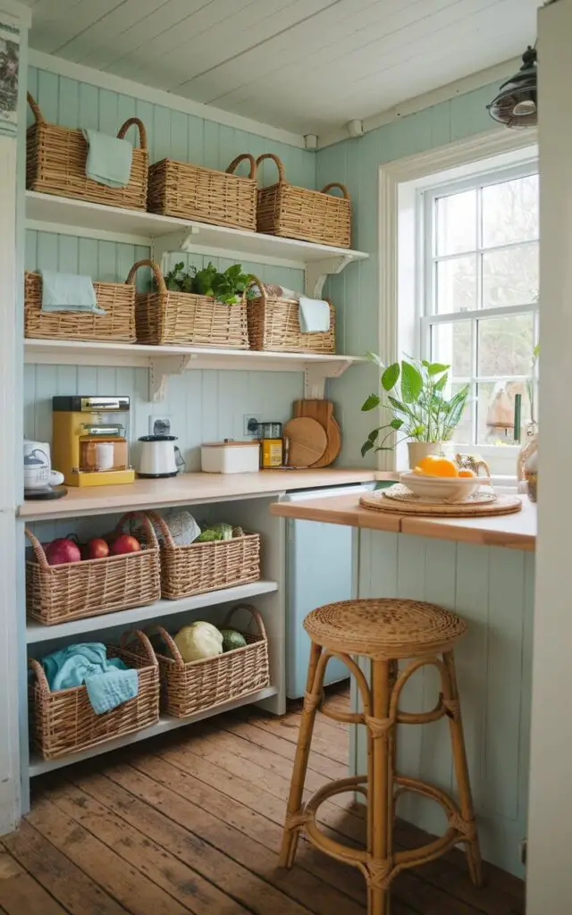 A photo of a small cottage kitchen with wicker baskets neatly tucked into open shelving. The baskets hold fresh produce and kitchen linens. There's a rattan stool sitting at the kitchen island. The walls are painted in a soft blue hue, and there's a potted plant near the window. The floor is made of wooden planks.