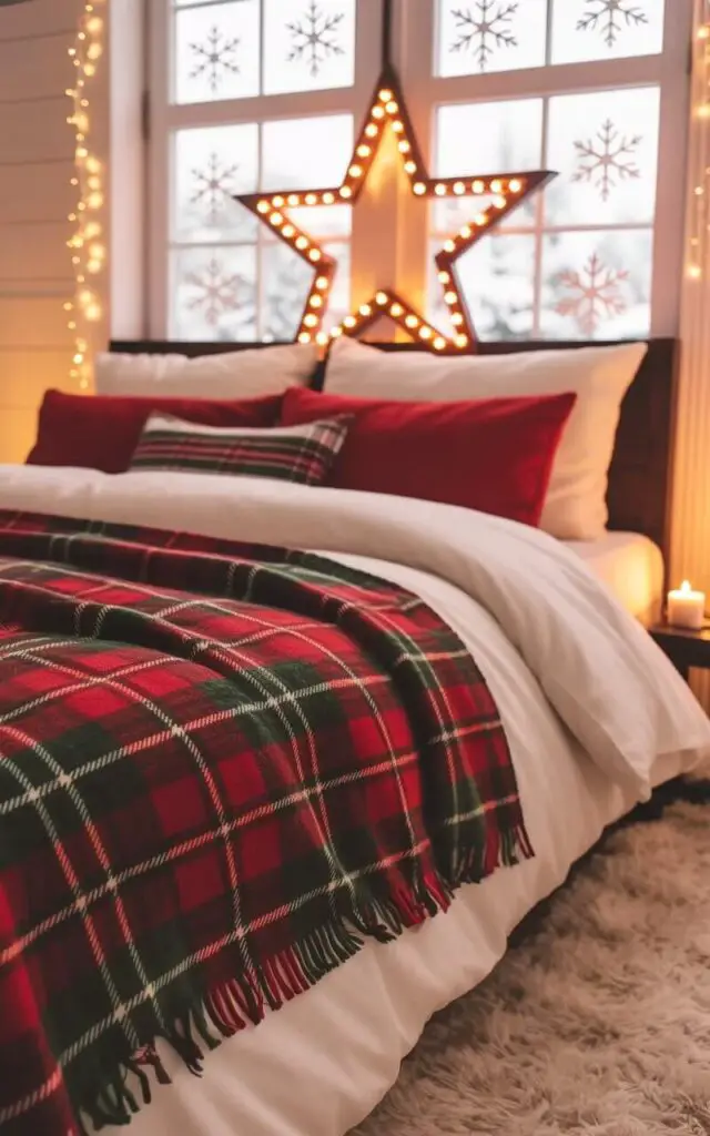 A plush king-sized bed with a white duvet and a red and green plaid throw blanket dominates the room. A five-pointed star made of warm-toned yellow lights hangs just outside a large window, its light reflecting on the crisp white bedding and illuminating the plaid pattern. Snowflake decals are adhered to the windowpane, and a string of tiny, clear fairy lights outlines the window frame. The bedroom features light-colored hardwood floors, pale cream-colored walls, and a single flickering candle on a small, dark wood bedside table.