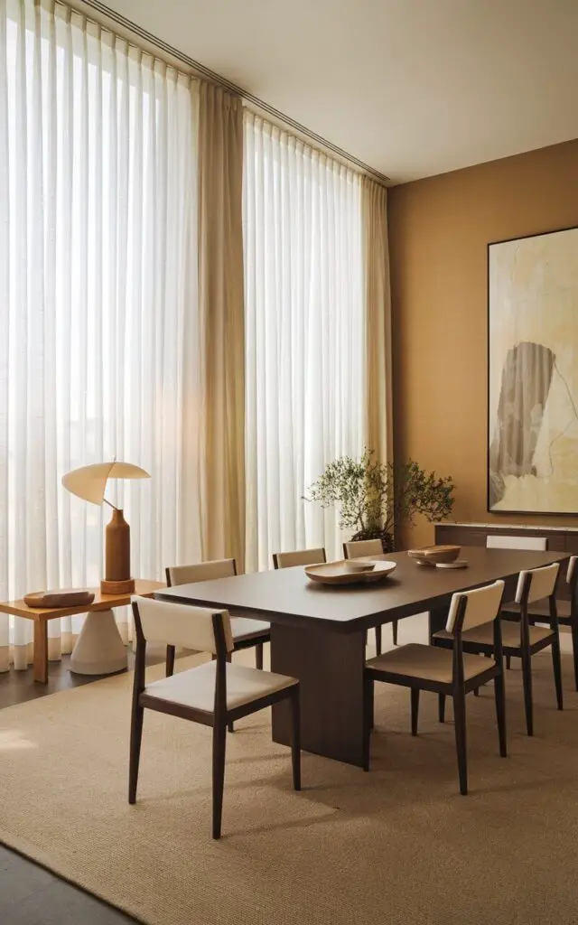 A transitional dining room with large windows dressed in soft, sheer white curtains. The light filters through the fabric, adding a soft glow to the space and complementing the clean, modern lines of the dining furniture. The room features a long, dark wood dining table with six chairs. The walls are painted a warm beige color, and there's a large, abstract painting hanging above the table. A potted plant sits on the floor near the window. The floor is covered with a beige rug.