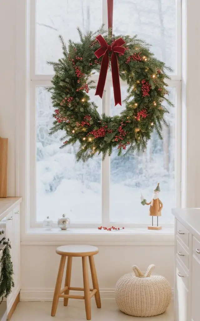 A photograph of a minimalist Scandinavian-style kitchen featuring a lush Christmas wreath suspended gracefully in the center of a large window that frames a pristine snowy landscape. The wreath is full and verdant with deep green pine branches, clusters of bright red berries, and an elegant deep crimson velvet bow, softly illuminated by warm white fairy lights that cast a gentle glow. Below the window, a simple blonde wood stool and a cream-colored woven jute rug add natural texture to the clean white surfaces. Delicate Christmas accents are thoughtfully placed throughout—a few small glass ornaments catching the light, a charming wooden Santa figurine on the windowsill, and subtle evergreen garlands draped along the edges, creating a serene harmony between the cozy indoor warmth and the peaceful winter wonderland visible through the frost-kissed glass.