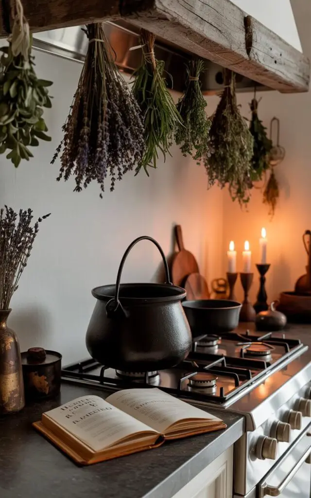 A photograph of a well-decorated witchy kitchen bathed in the warm glow of flickering candlelight. Centered in the frame is a striking black cauldron resting on a modern stainless steel gas stove, surrounded by an assortment of sturdy cast iron pots and pans. Dried lavender, rosemary, and sage hang from weathered wooden rafters above, their earthy aroma filling the space, while a leather-bound spellbook lies open on a dark granite countertop displaying "Herbal Remedies". Soft shadows dance across the minimalist kitchen, highlighting the blend of functional cooking space and authentic witchy energy.