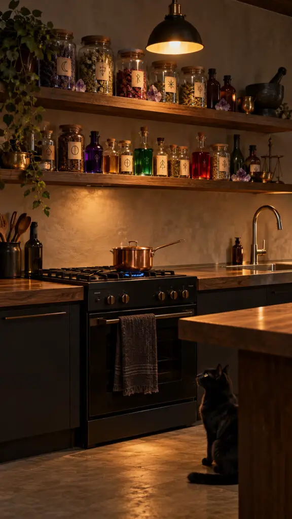 Witchy Apothecary Kitchen with Cat